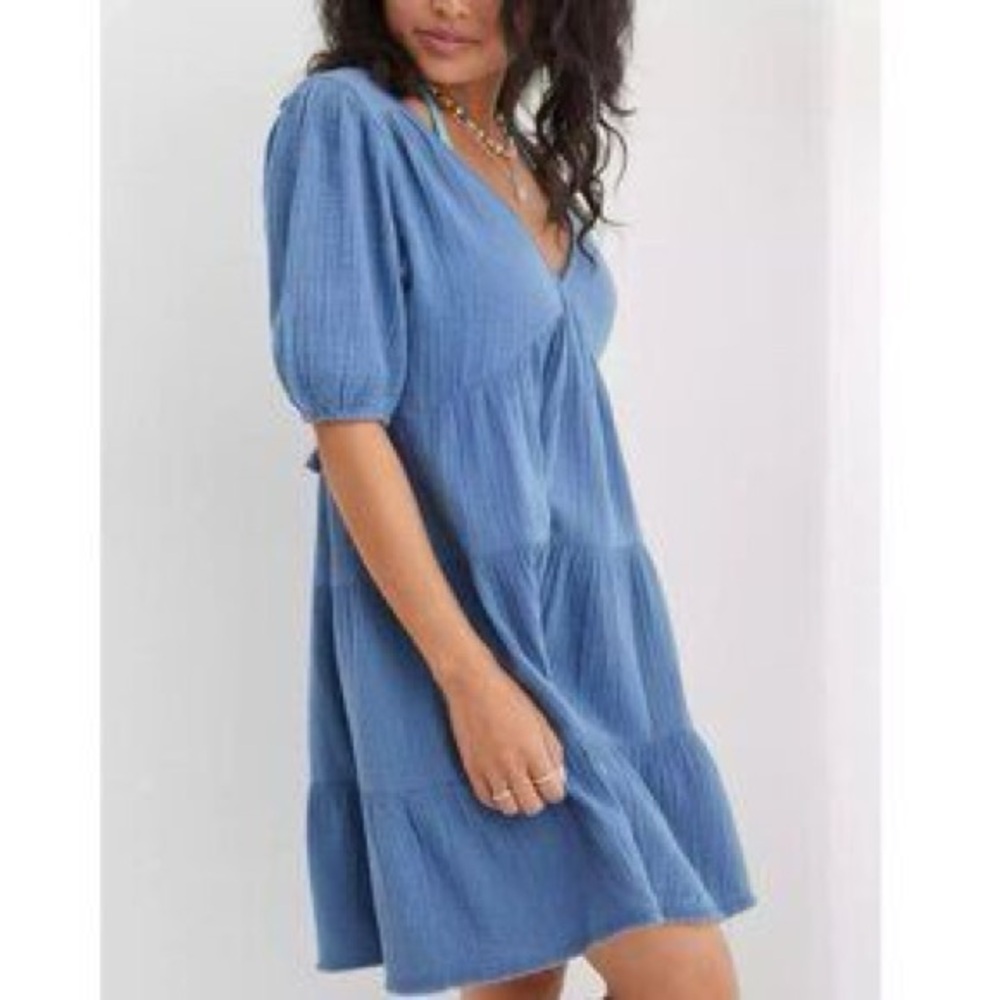 Aerie Linen Cotton Elegant Blue Women's Dress Tie Bow Back Large